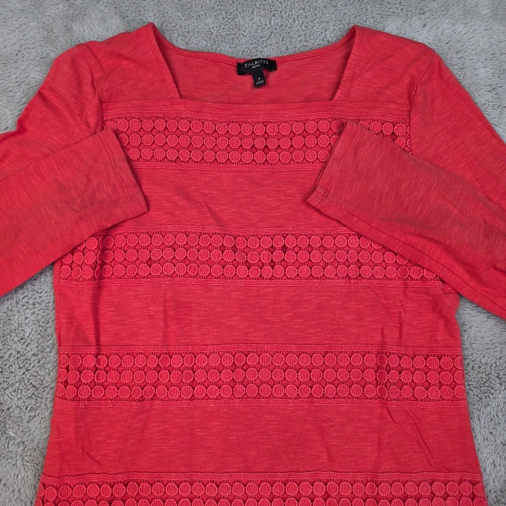 Talbots Crochet Lace Inset Square Neck Top Womens Sz P Long Sleeve Coral Pink
